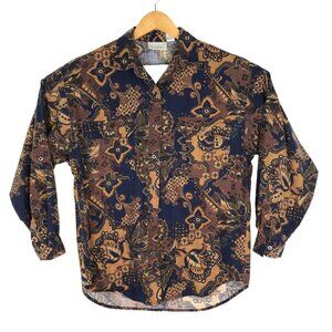 Vtg Van Heusen Button Front Blouse Long Sleeve Womens L Brown Blue Retro Print